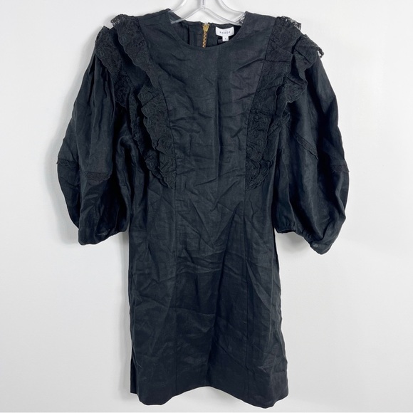 Rhode Varja Linen Puff Sleeve Organza Lace Trim Mini Dress Size 4 NWT Black - Picture 3 of 8